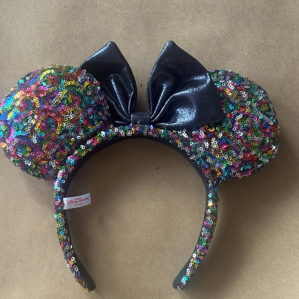 Japan Tokyo Disney Resort Headband Ears Multi Sequin Black Bow Minnie